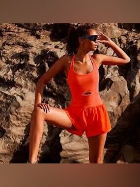Free People Movement Righteous Runsie Neon Coral Flame Romper Small